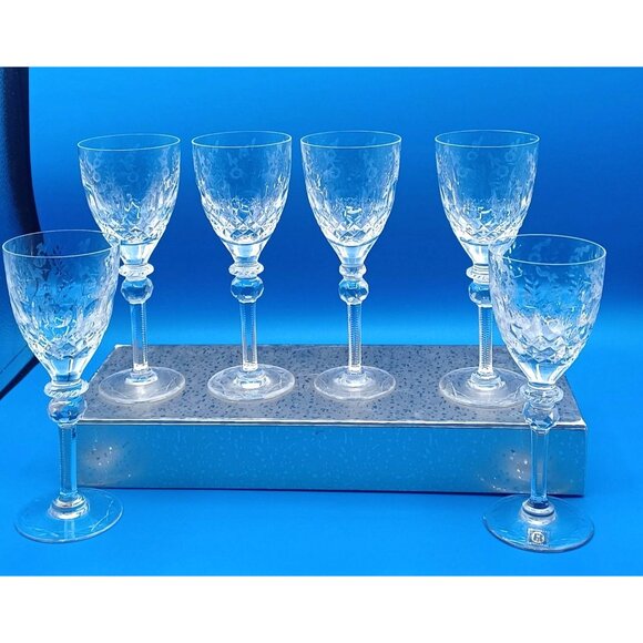 Rogaska Gallia Set Of 6 Floral Etched Cut Lead Crystal Wine Glasses 7" Tall - Picture 4 of 14